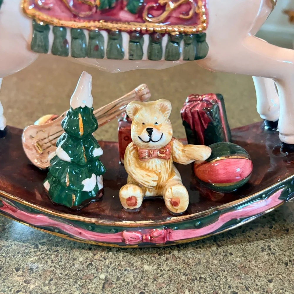 Christmas Rocking Horse Ceramic Figurine‎ Teddy Bear Gifts Gold Accents